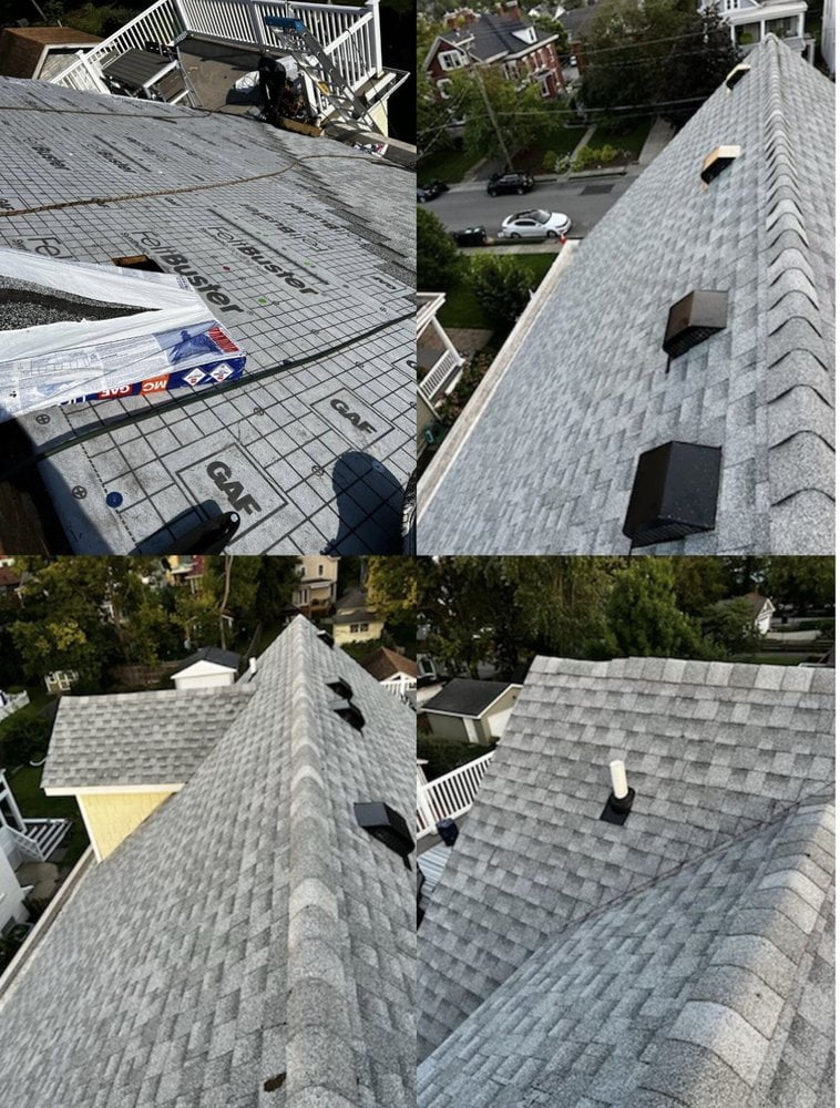 Collage of asphalt shingle roof replacement