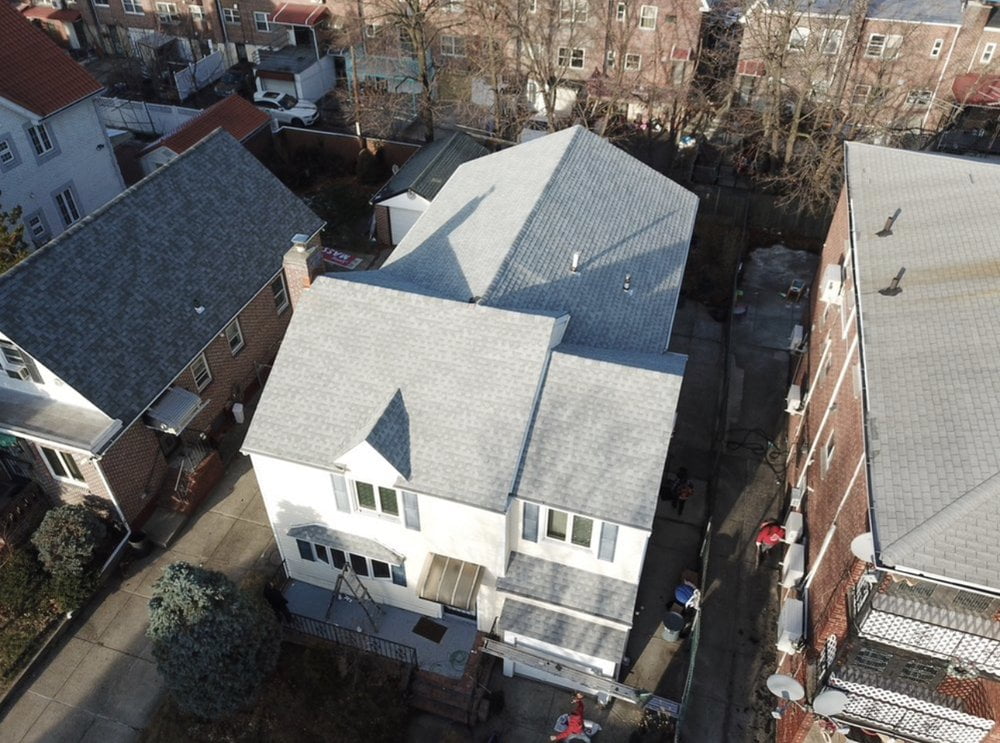 A drone shot of a finished project for Roof replacement in Staten Island, NY. Drone shot.