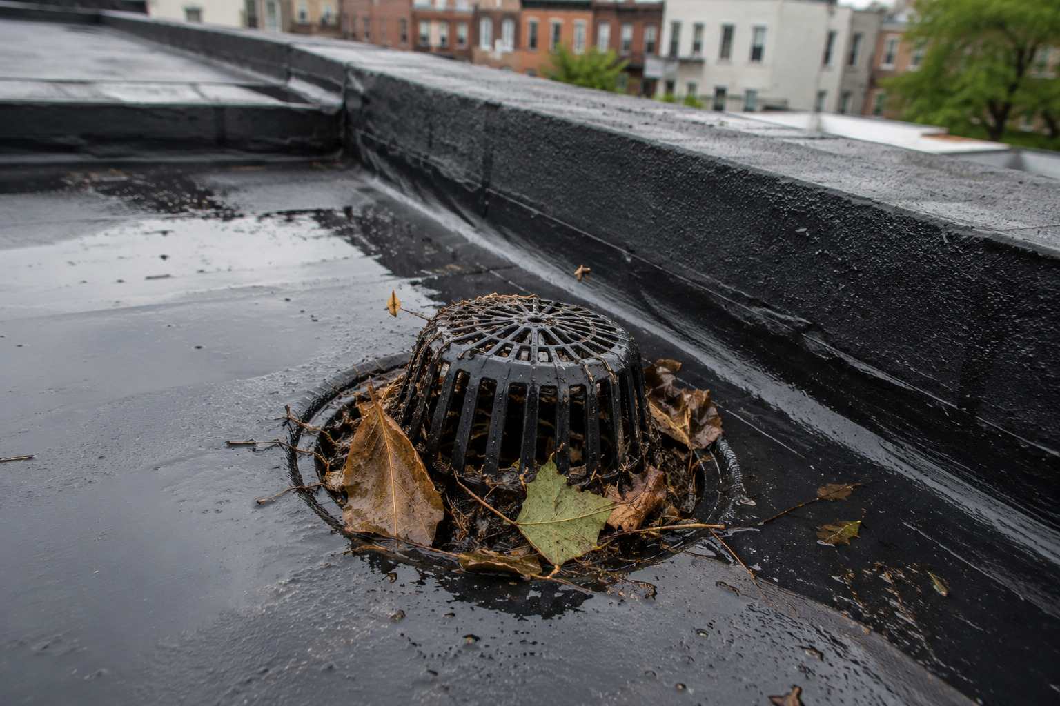 Clogged roof drain with leaves and standing water on a flat roof